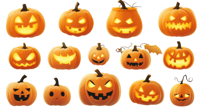 A collection of spooky and smiling Halloween pumpkins, perfect for festive decoration and autumn themes.