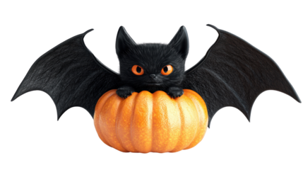 A whimsical black cat with bat wings perched on a vibrant orange pumpkin, perfect for Halloween-themed designs.