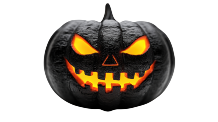 A spooky black pumpkin with glowing orange eyes and a menacing grin, perfect for Halloween decorations and themed events.
