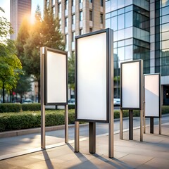 Four blank billboards stand tall on a city street. perfect for showcasing your brand or message.