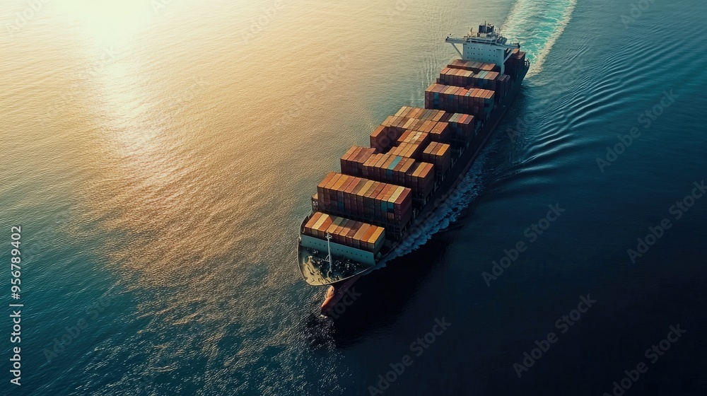 Poster aerial view of a large cargo container ship loaded with containers, traveling across the open ocean.
