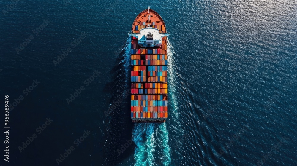 Poster aerial view of a large cargo container ship loaded with containers, traveling across the open ocean.
