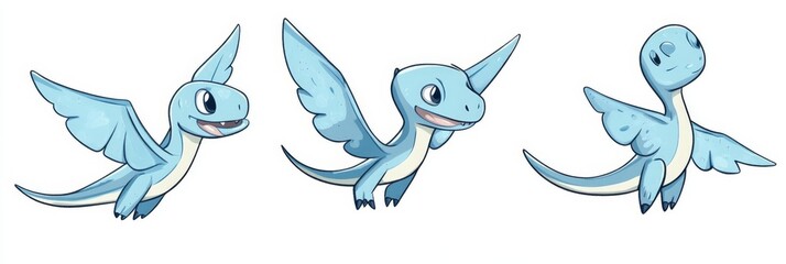 Obraz premium Cute blue cartoon pterodactyl trio in doodle style on a white isolated background