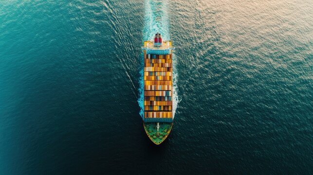 Aerial view of a large cargo ship filled with containers, journeying across the ocean. Showcases the scale and logistics of industrial sea freight transportation