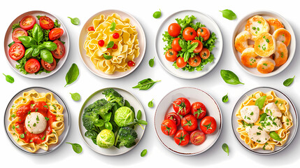 set of plates of food isolated on a white background, top view