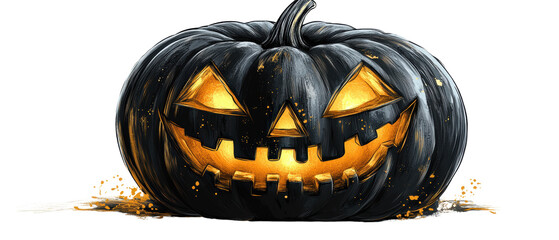 A spooky black pumpkin with glowing orange eyes and a jagged grin, perfect for Halloween decorations and themed parties.