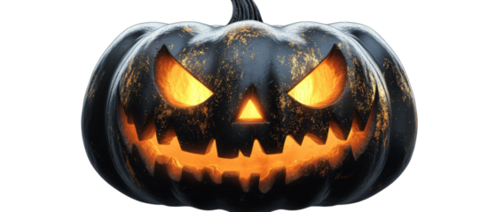 A spooky black Halloween pumpkin with glowing orange eyes and a menacing grin, perfect for festive decorations and themes.