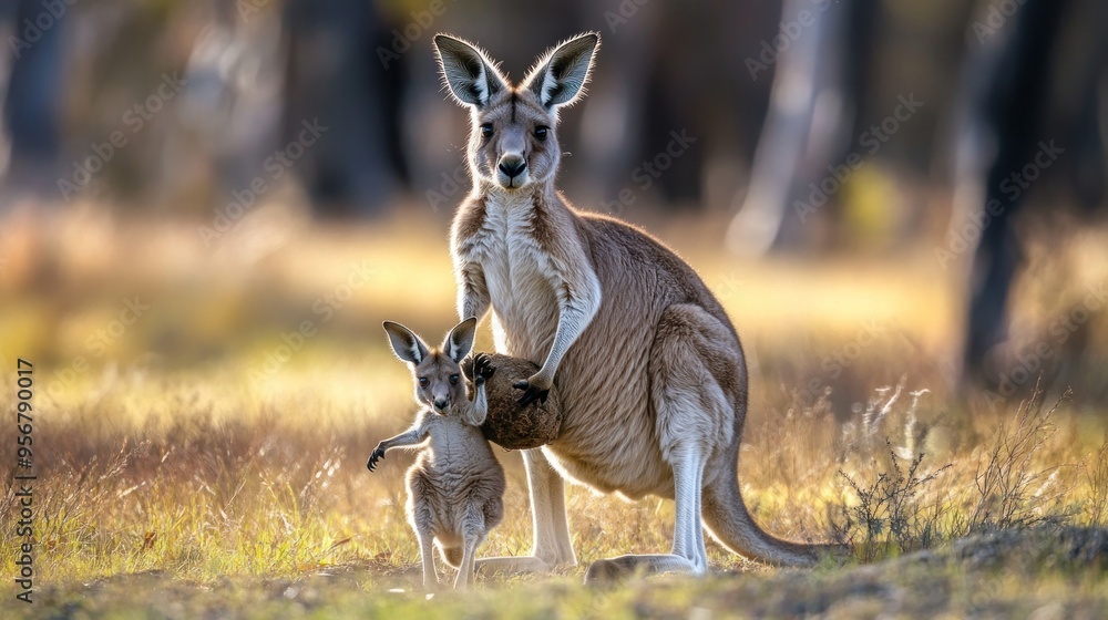 Wall mural kangaroo mother and joey in golden field