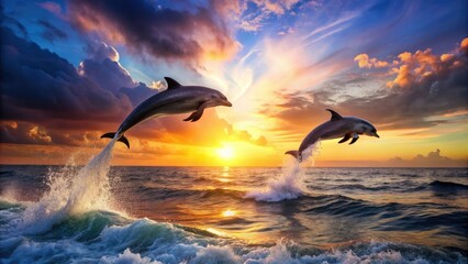 Pair of dolphins leaping out of ocean with colorful sunset and sparkling waves in background, dolphins, ocean, sunset