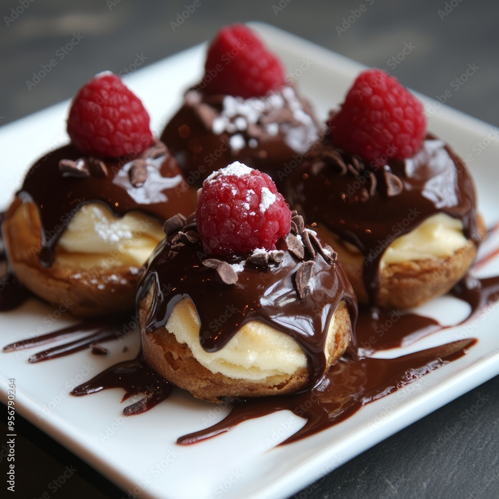 Wall mural Four chocolate-covered pastries with raspberry on top on a white plate.