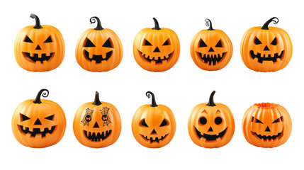 A collection of Halloween pumpkins with various spooky and funny faces, perfect for seasonal decorations and holiday themes.