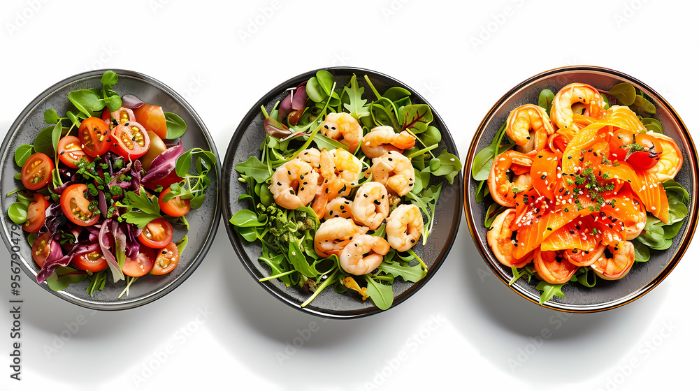 Wall mural set of plates of food isolated on a white background, top view