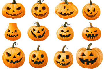 A collection of creatively carved pumpkins showcasing various spooky and playful faces for Halloween decoration.