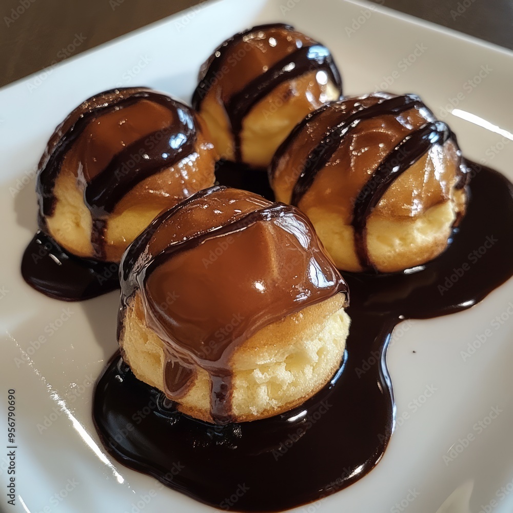 Poster Four cream puffs drizzled with chocolate sauce on a white plate.