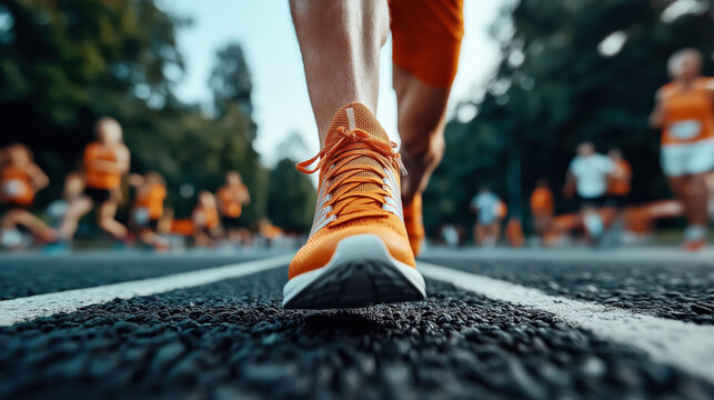 Close-up of a runner's orange shoe on a race track, with other participants stretching in the background. The image emphasizes the start of a marathon or race.