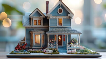 Charming miniature blue house with lights, surrounded by a lush, beautifully landscaped yard and blurred background of glowing bokeh lights.