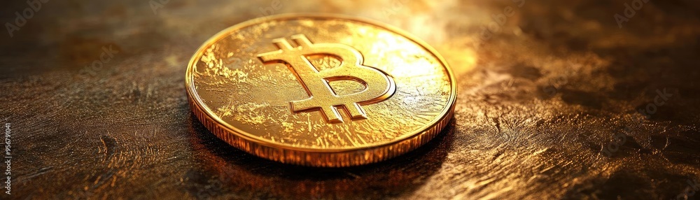 Poster shiny bitcoin coin placed on a textured surface, representing digital currency and modern financial 