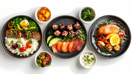 set of plates of food isolated on a white background, top view