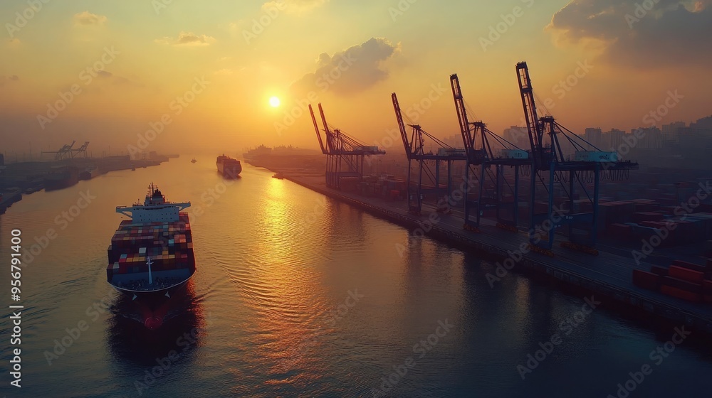 Poster aerial view of an industrial port at dusk with a container ship in the harbor and cranes in action. 