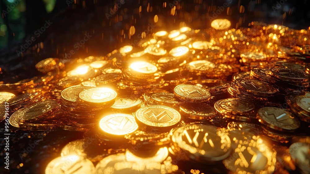 Poster close-up of shimmering coins reflecting golden light, evoking wealth and prosperity in a captivating