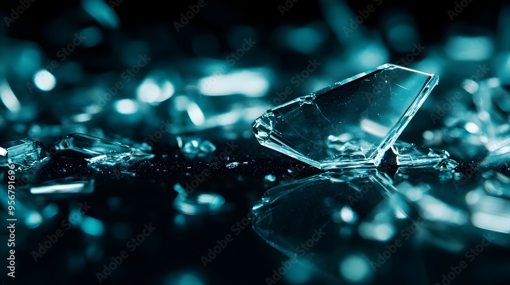 Poster macro photography of shattered glass fragments scattered on a dark surface capturing the sharp edges