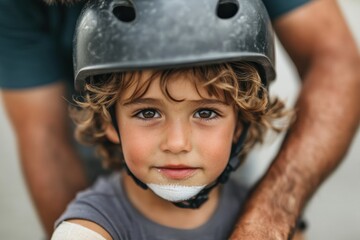 A child wearing a dark helmet is receiving guidance from an adult who is holding the child and showing protective care. The setting appears to be outdoors.