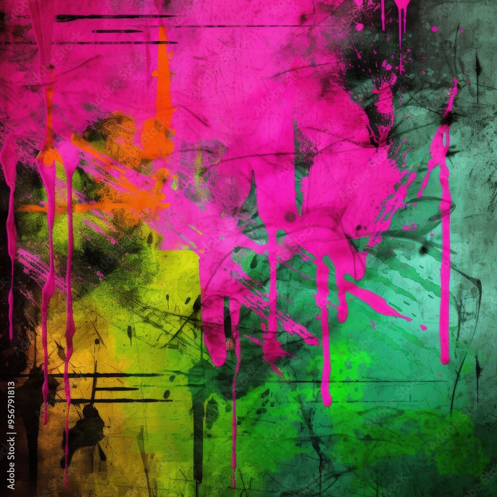 Wall mural Abstract pink, green, and yellow paint