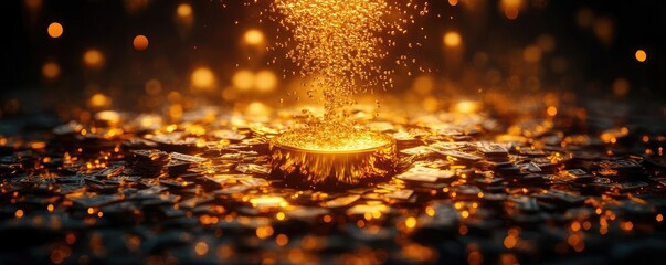 A stunning visual of shimmering particles creating a magical, glowing effect over a bed of coins, perfect for abstract and luxury themes.