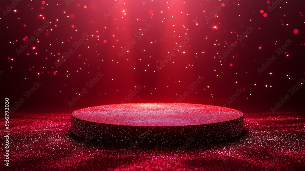 Poster an elegant podium with a red dwarf star texture, floating on a dark red background with subtle, glow