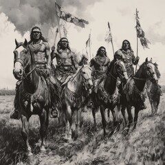 Obraz premium Four Native American warriors on horseback, carrying flags, riding through a field, in a vintage style illustration.