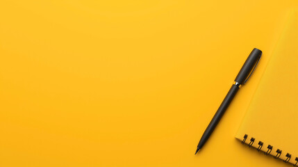 A black pen lies on top of a yellow spiral-bound notebook against a bright yellow background, creating a minimalistic and vibrant workspace setup.