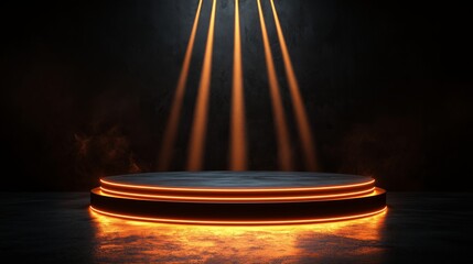 A 3D podium with a glowing texture that mimics the sun's corona, highlighted against a deep, rich black background with radiant light beams