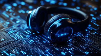 headphones in a blue techno background