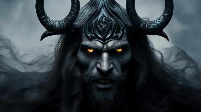dark and menacing figure with glowing yellow eyes, a horned crown, and a sinister expression, shrouded in shadows. The character exudes an ominous and powerful presence