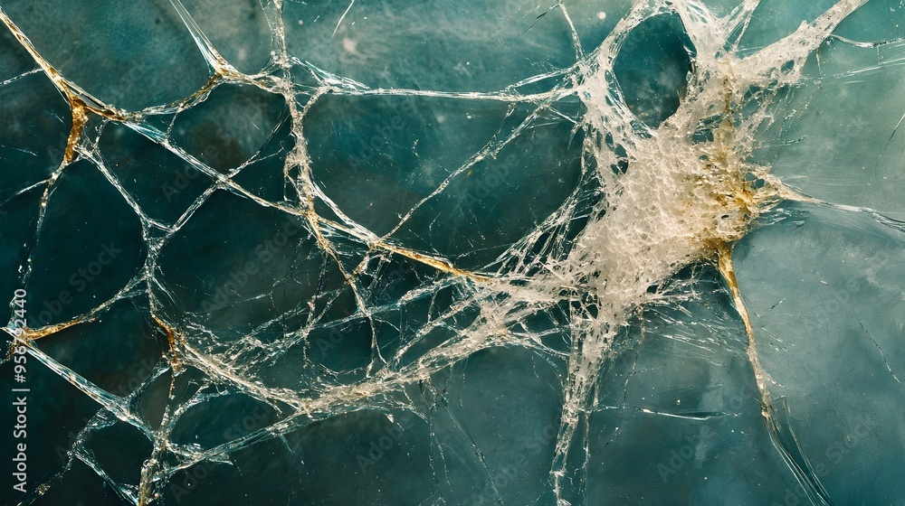 Poster striking macro photography capturing the intricate web of cracks and reflections on a weathered glas