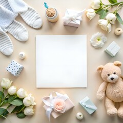 A blank card surrounded by baby shower essentials like a teddy bear. gifts. baby socks. and flowers.