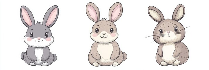 Set of three cute cartoon rabbits in doodle style on a white background