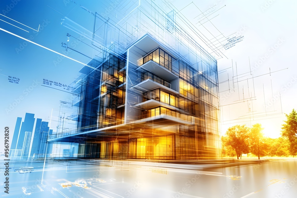 Poster modern architecture design concept with blueprint overlay.
