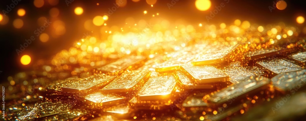 Poster glowing gold bars shimmering with light, creating a captivating display of wealth and luxury amidst 