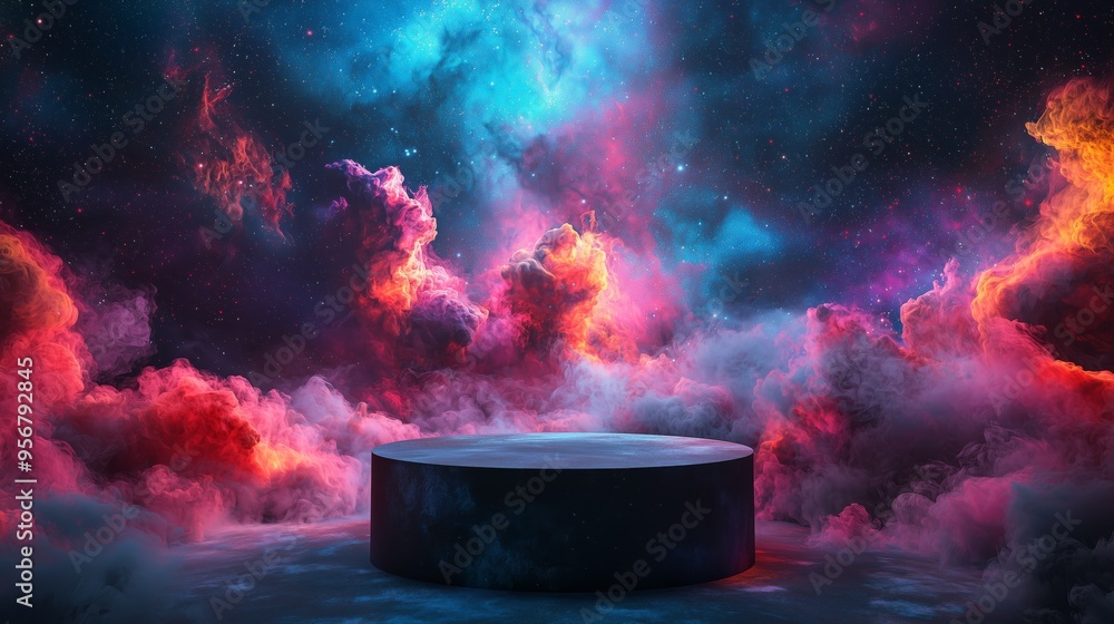 Poster a 3d podium with a texture resembling a nebula, floating against a dark space background with vibran