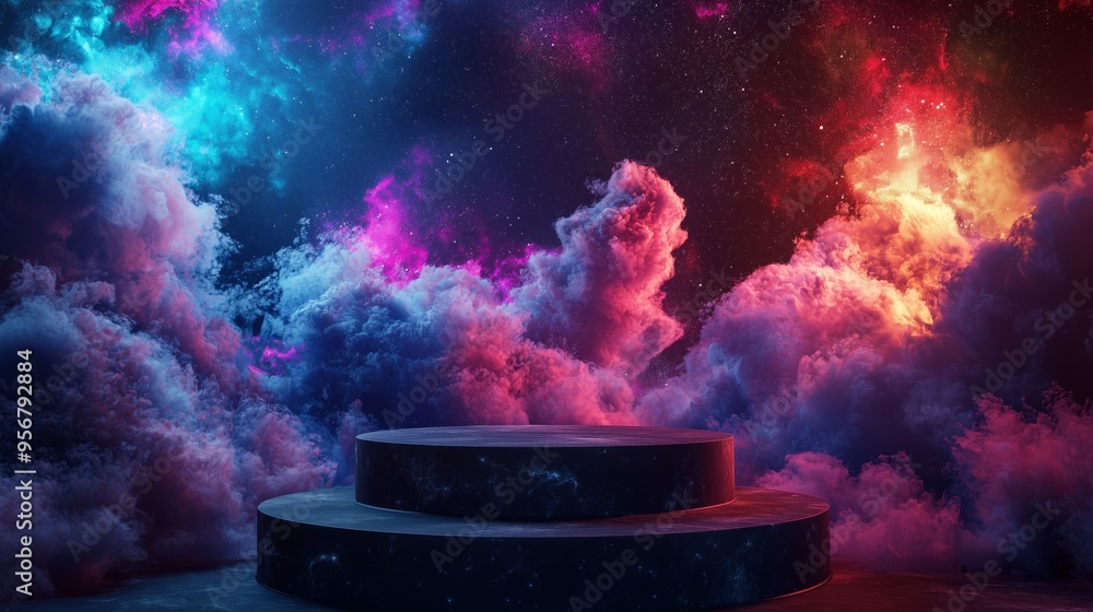 Aufkleber a 3d podium with a texture resembling a nebula, floating against a dark space background with vibran