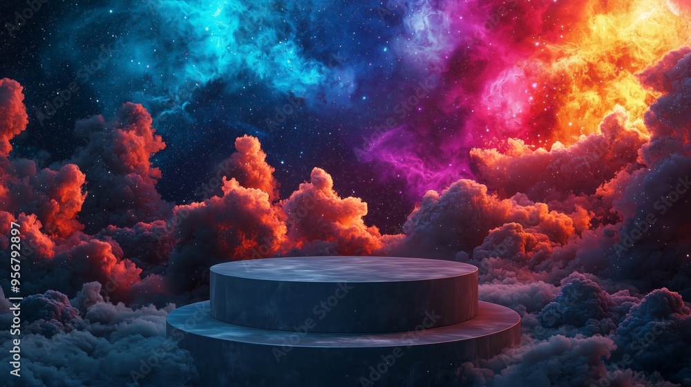 Poster a 3d podium with a texture resembling a nebula, floating against a dark space background with vibran