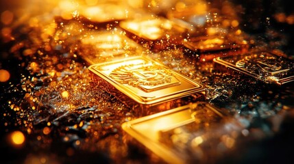 Glittering gold bars lie on a textured surface, radiating luxury and wealth in a beautifully lit environment.