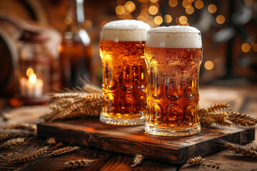 Mugs of beer on a wooden table in a pub, Oktoberfest celebration