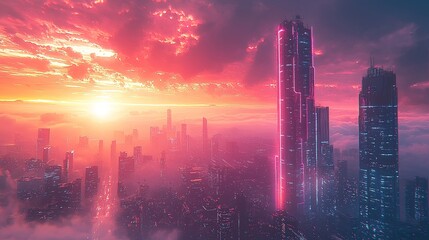 Fototapeta premium A futuristic skyscraper with holographic windows and neon accents, towering over a modern city