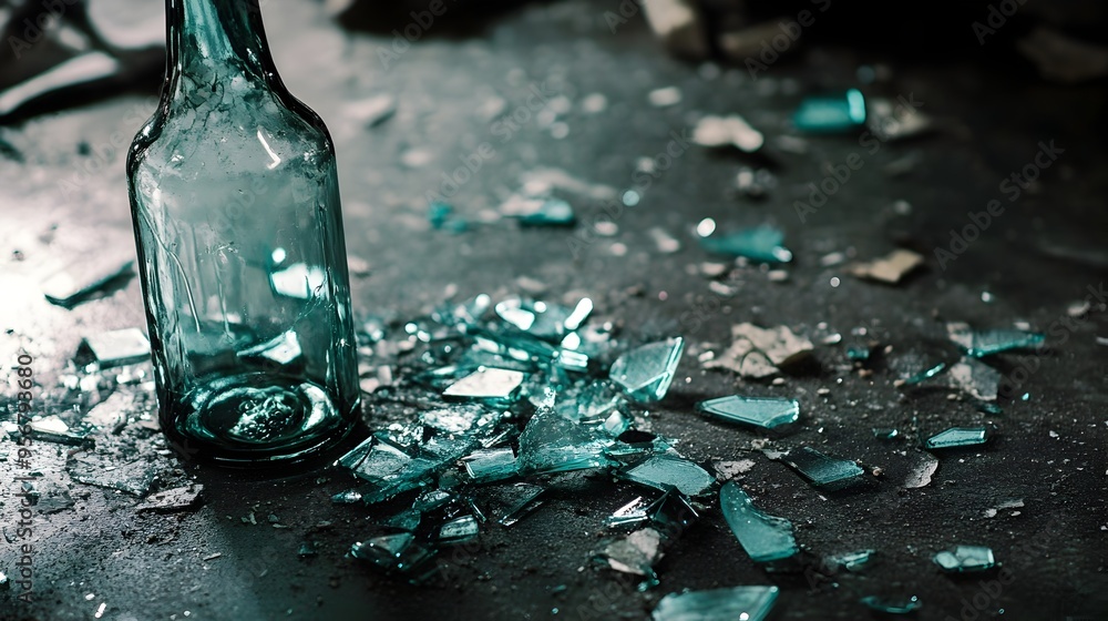 Poster macro photography of a broken glass bottle with scattered shards and fragments creating a chaotic ab