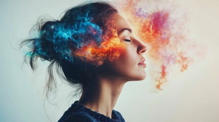 Creative portrait of a woman with colorful smoke effects around her head