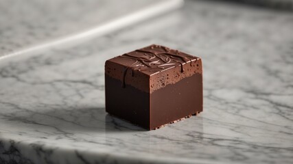 Single square piece of dark chocolate on marble surface.