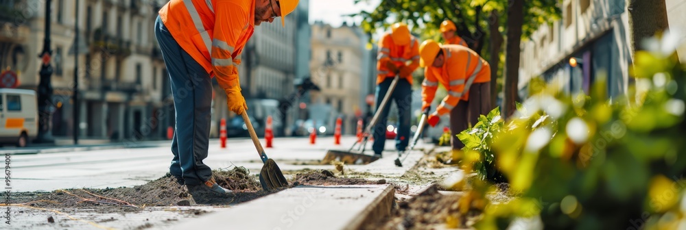 Wall mural city workers in bright orange uniforms are actively working to repair the street in an urban setting