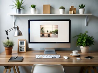 A sleek. minimalist desktop mockup featuring a modern computer. a stylish desk lamp. and trendy accessories.